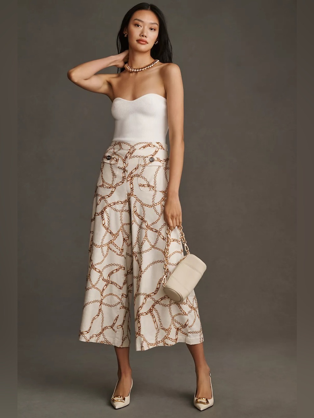 Anthropologie Woven Chain-Print Wide Leg Pants - Cream palazzo pants size 16 now